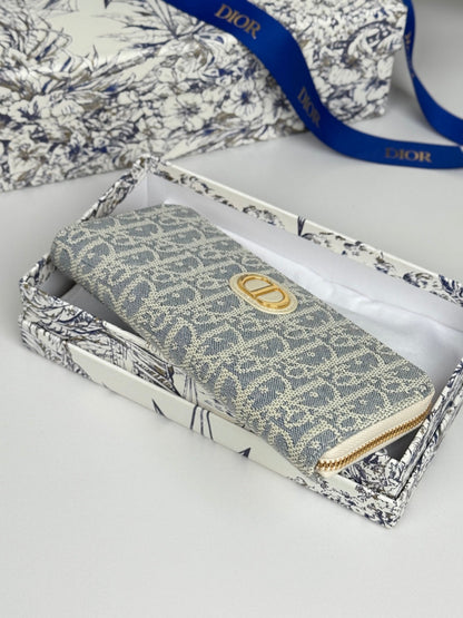 Dior 2026 Montaigne Voyageur Slim Wallet 20cm Blue Demin Fabric
