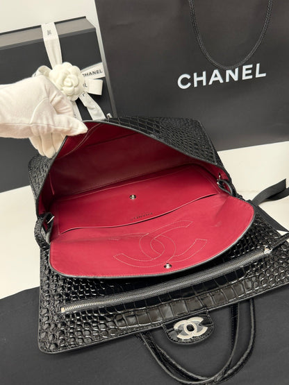 Chanel 2026 Crocodile-embossed Bag 32cm Black Leather Silver Hardware