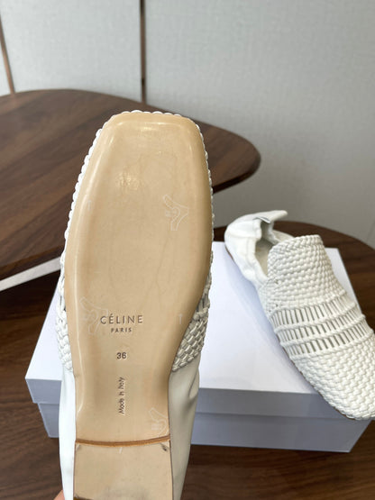 Celine Ballet Lace-Up Shoe White Woven Lambskin 790672