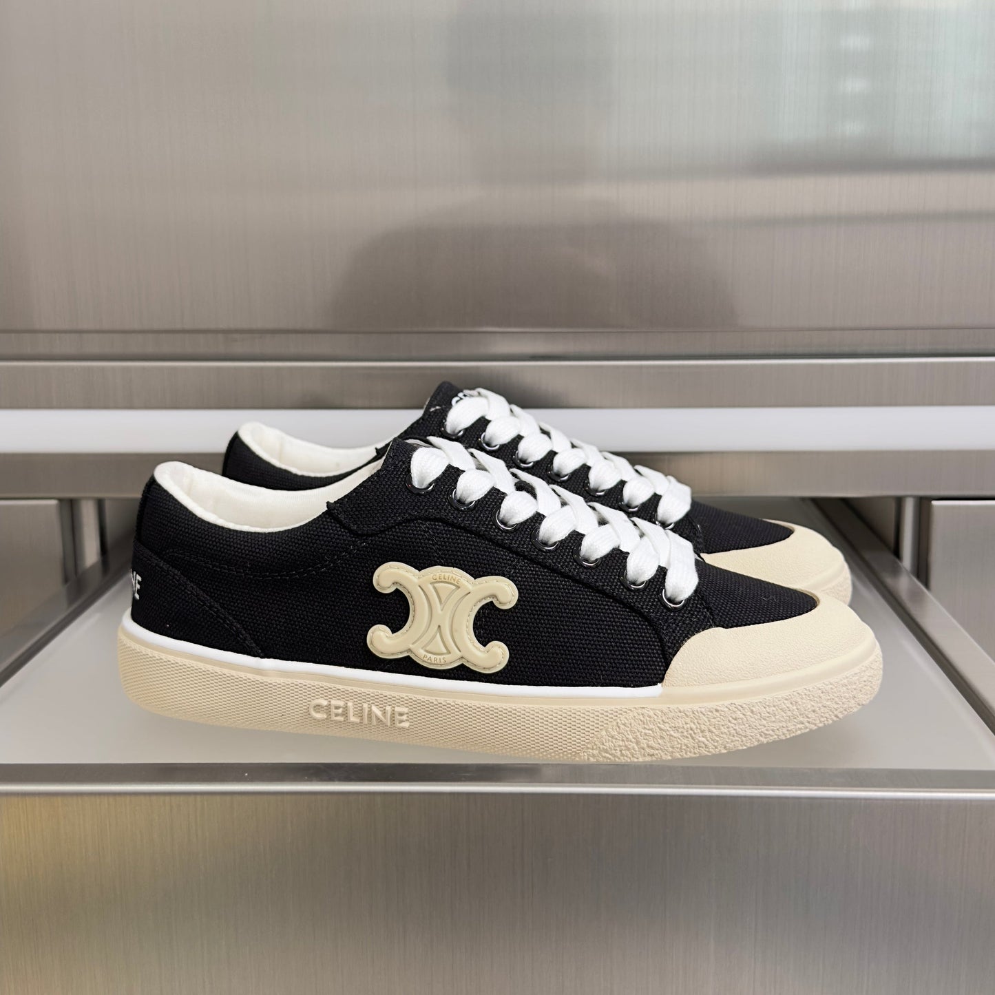 Celine 26s Lace-Up Sneakers In Black Canvas