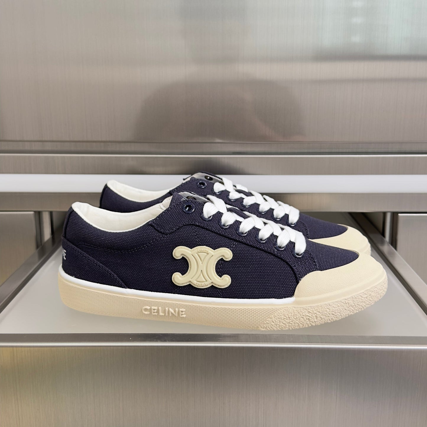 Celine 26s Lace-Up Sneakers In Navy Blue Canvas