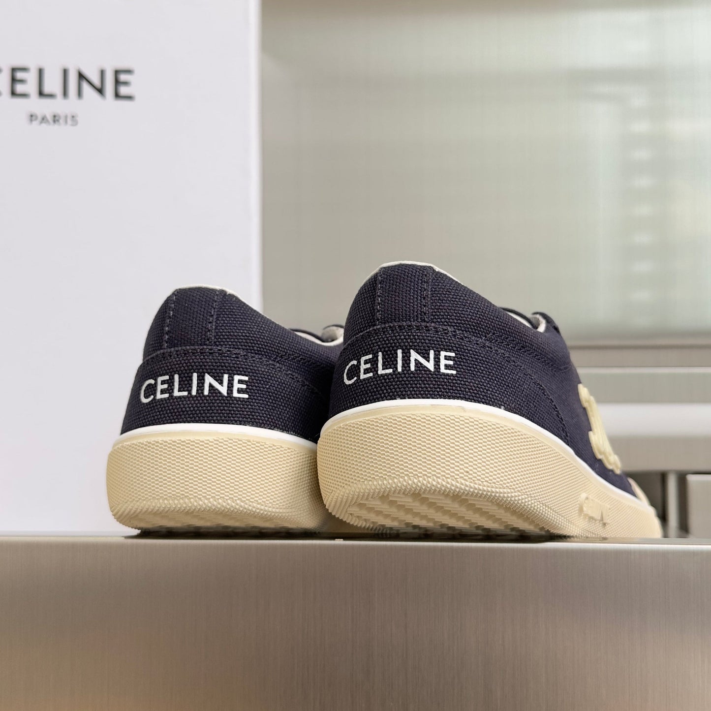 Celine 26s Lace-Up Sneakers In Navy Blue Canvas