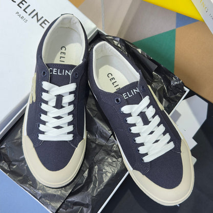 Celine 26s Lace-Up Sneakers In Navy Blue Canvas
