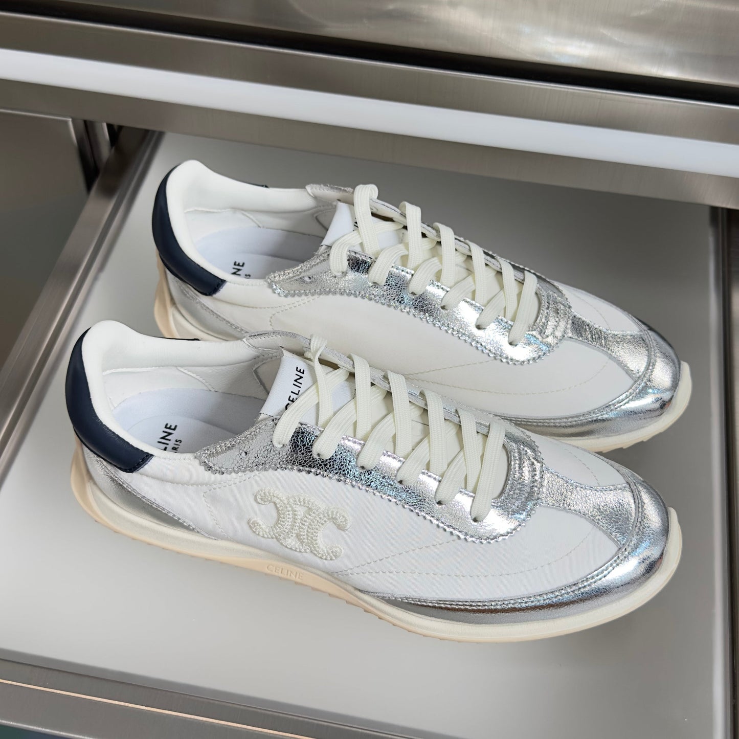 Celine 26s Racer Sneakers In White Fabric And Silver Calfskin