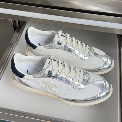 Celine 26s Racer Sneakers In White Fabric And Silver Calfskin
