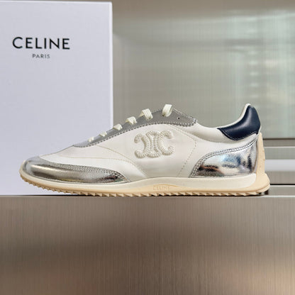 Celine 26s Racer Sneakers In White Fabric And Silver Calfskin
