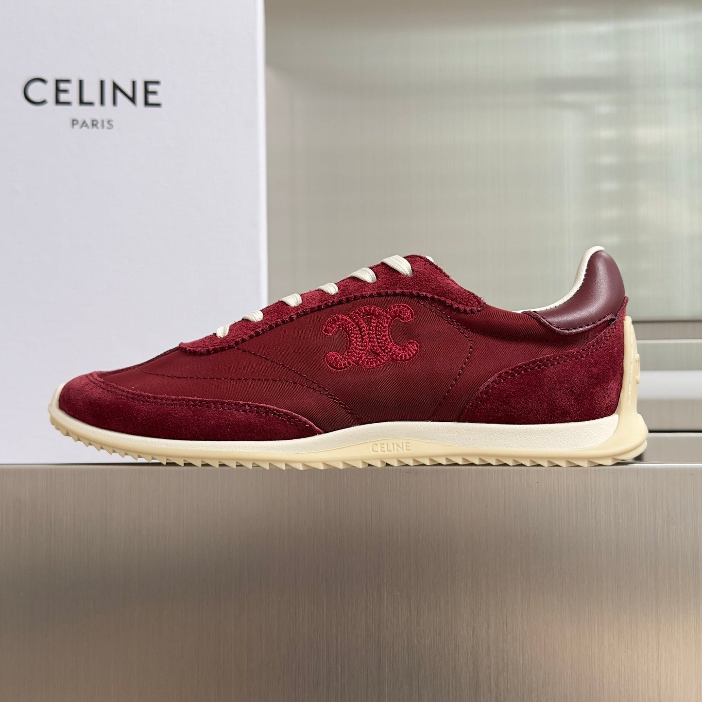 Celine 26s Racer Sneakers In Dark Red Fabric And Suede