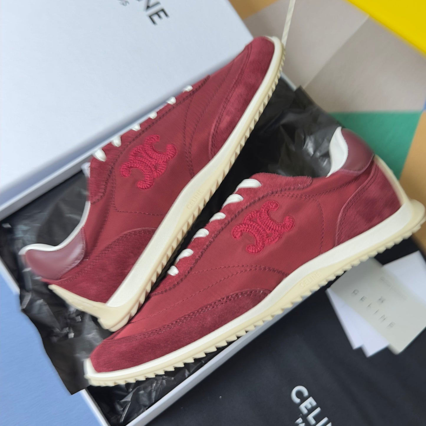 Celine 26s Racer Sneakers In Dark Red Fabric And Suede