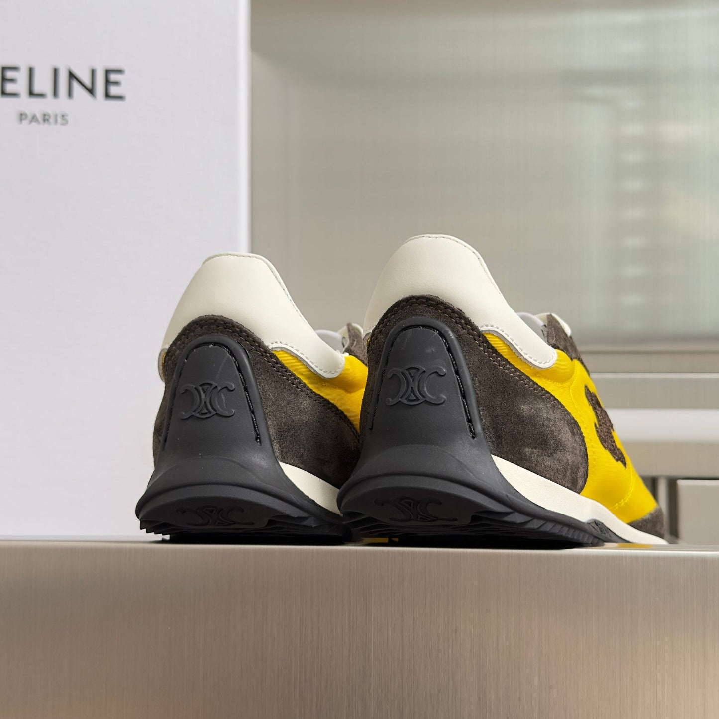 Celine 26s Racer Sneakers In Yellow Fabric And Dark Grey Suede