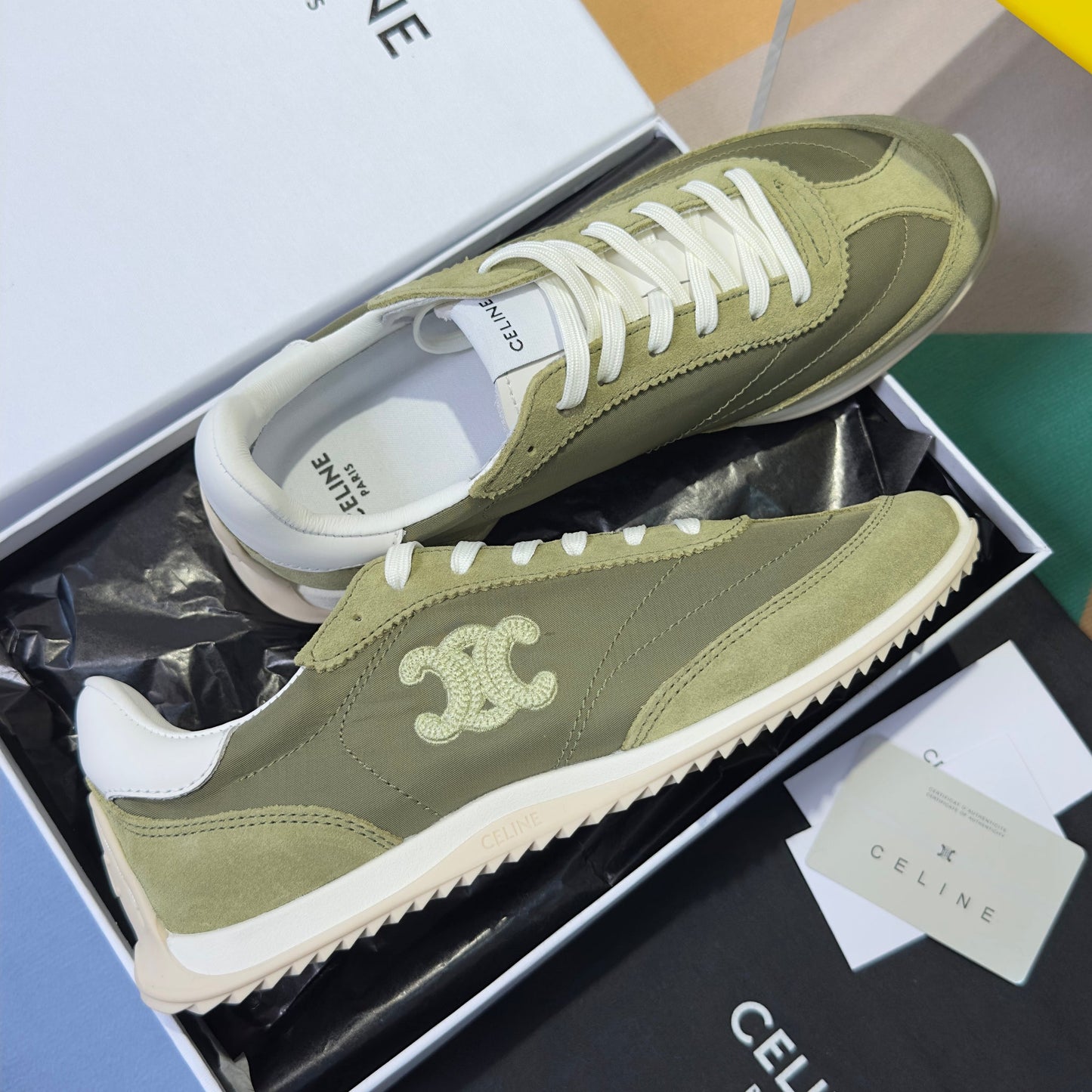 Celine 26s Racer Sneakers In Moss Green Fabric And Suede