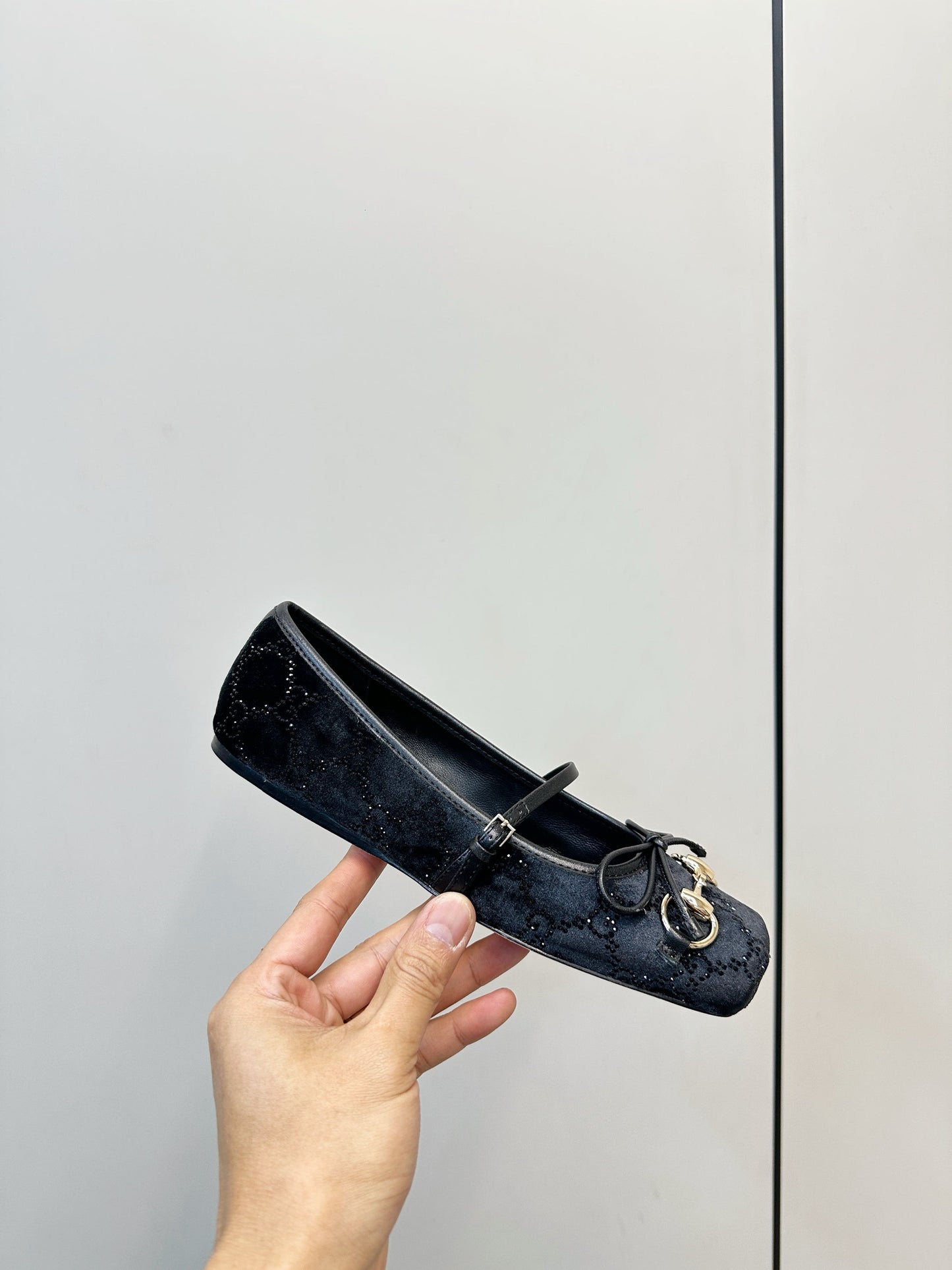 GG 26SS Ballet Flats Rhinestone Black Velvet Sheepskin 645700