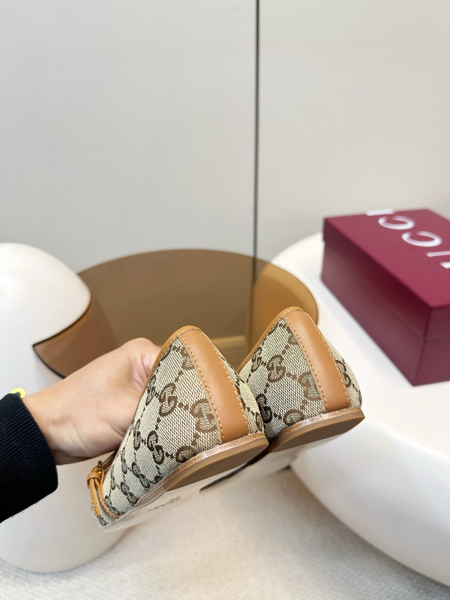 GG 26SS Ballet Flats Beige Brown Monogram Fabric Sheepskin 645710