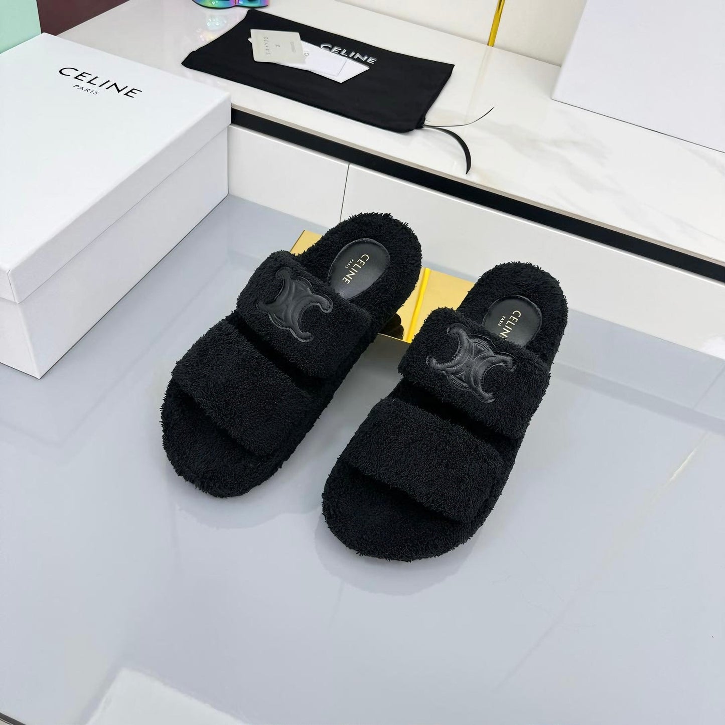 CL 25s Triomphe Slides 50mm Black Wool & Rubber 434462