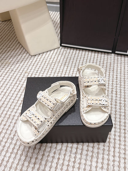 CC 26s Sandals Beige Leather Raffia 632399