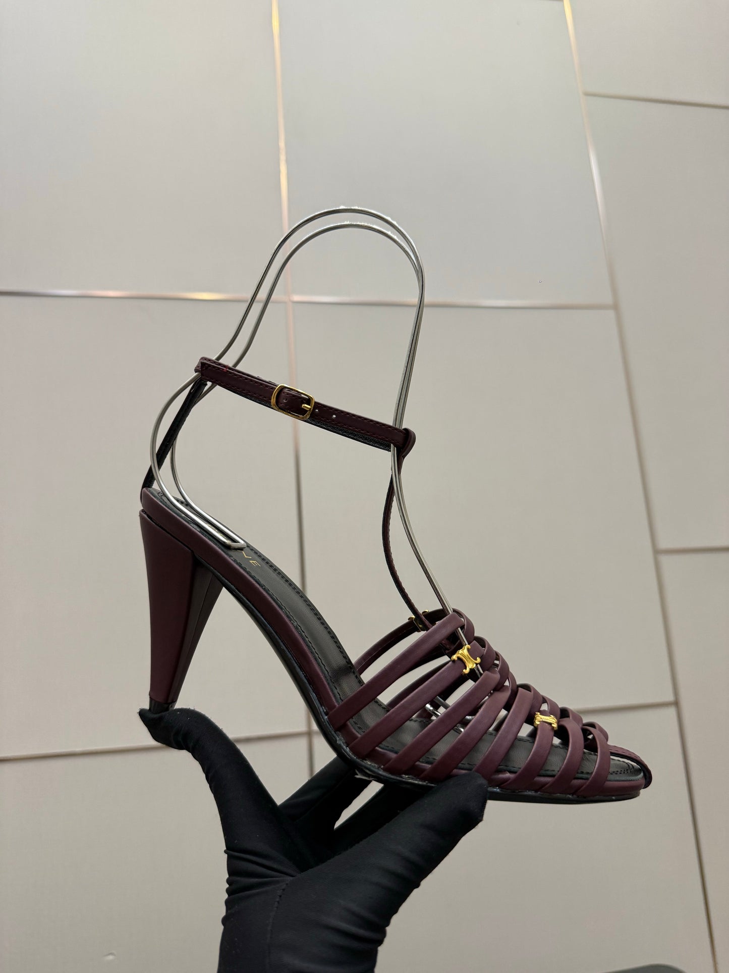Celine Cage Heeled Sandal 9cm Burgundy Calfskin 725648