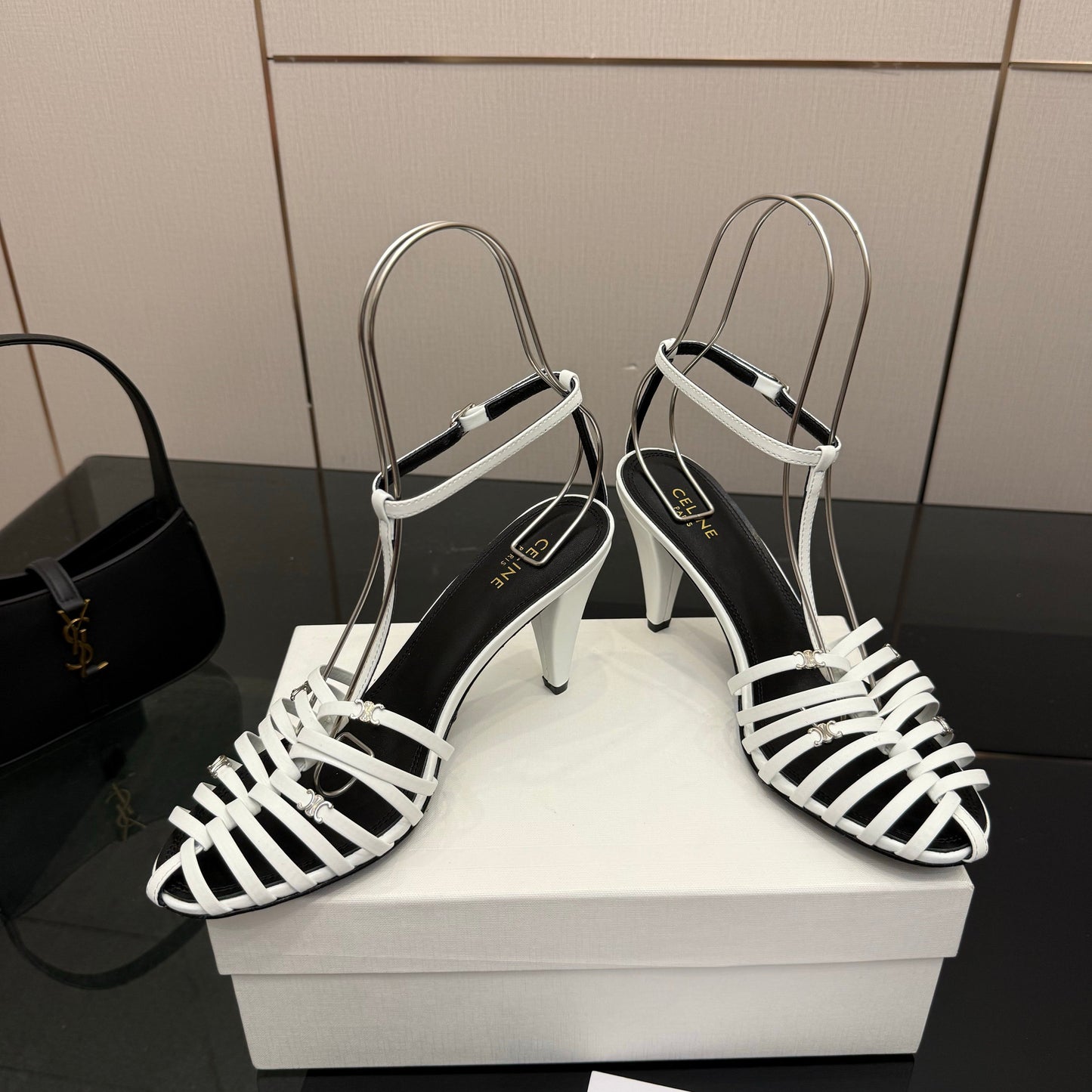 Celine Cage Heeled Sandal 9cm White Calfskin 725648