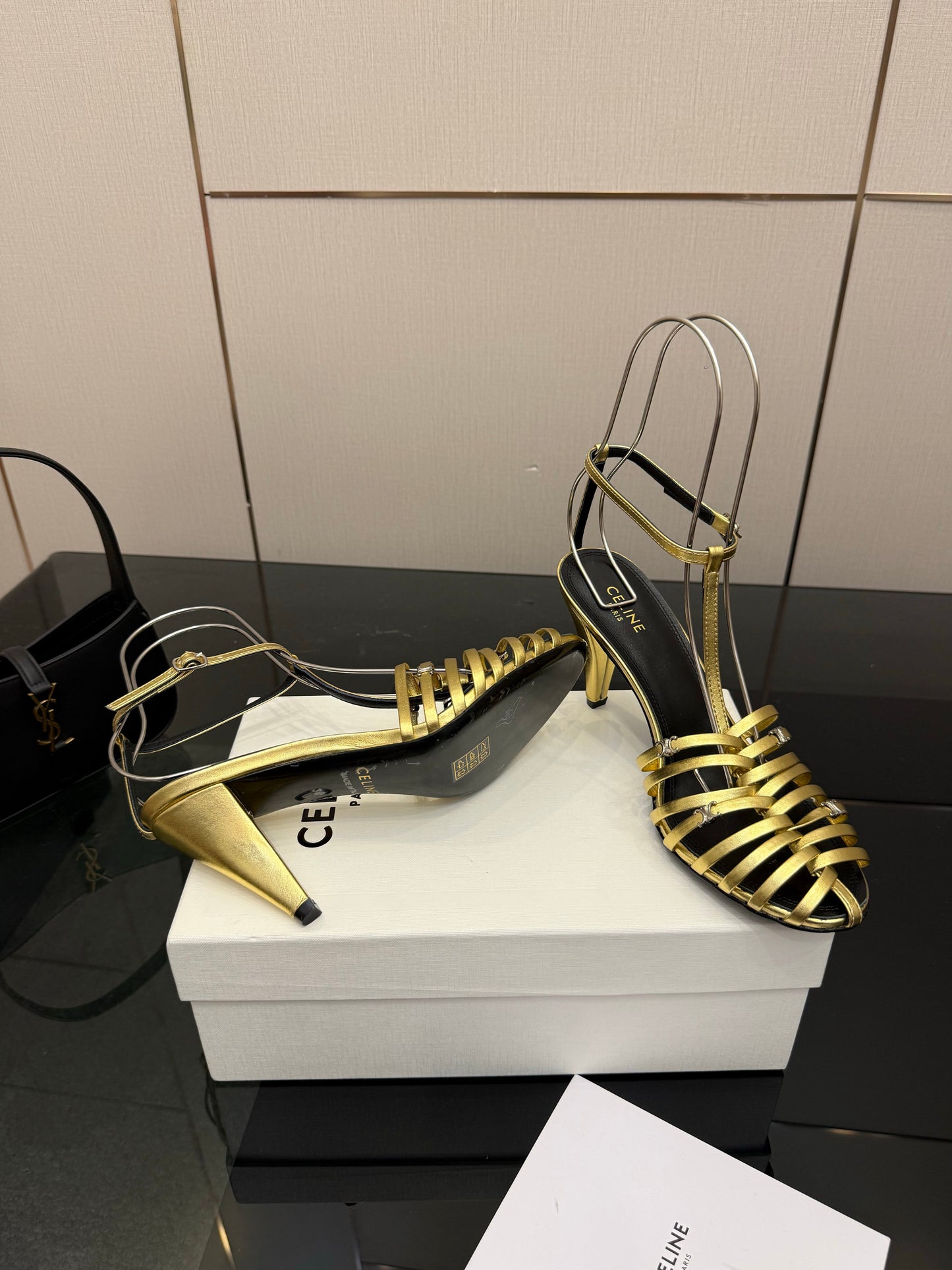 Celine Cage Heeled Sandal 9cm Gold Calfskin 725649