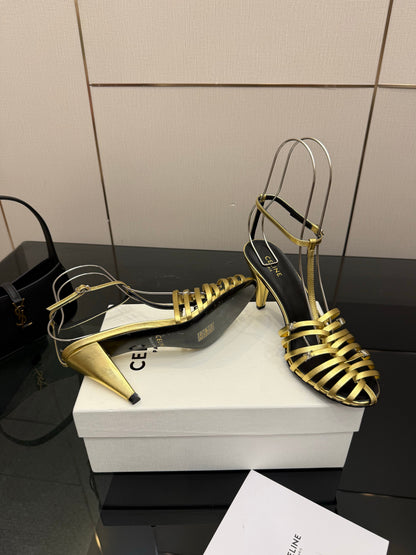 Celine Cage Heeled Sandal 9cm Gold Calfskin 725649