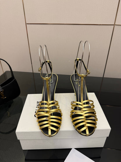 Celine Cage Heeled Sandal 9cm Gold Calfskin 725649