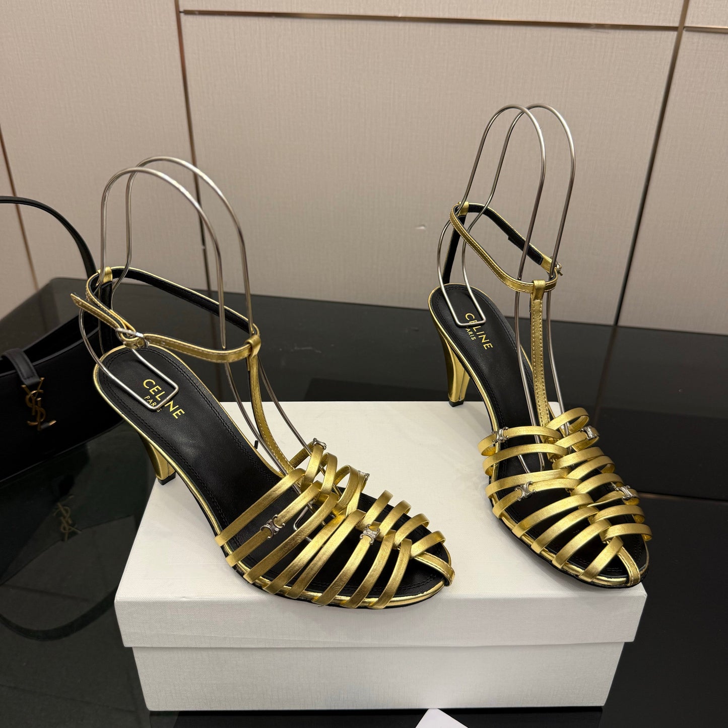 Celine Cage Heeled Sandal 9cm Gold Calfskin 725649