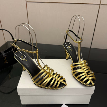 Celine Cage Heeled Sandal 9cm Gold Calfskin 725649