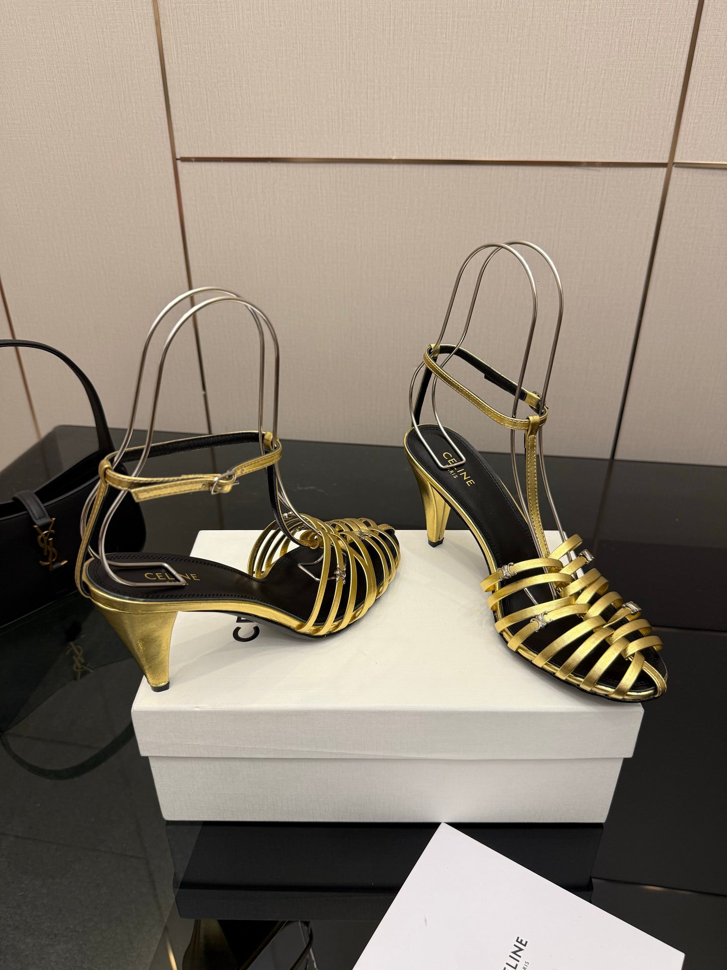 Celine Cage Heeled Sandal 9cm Gold Calfskin 725649