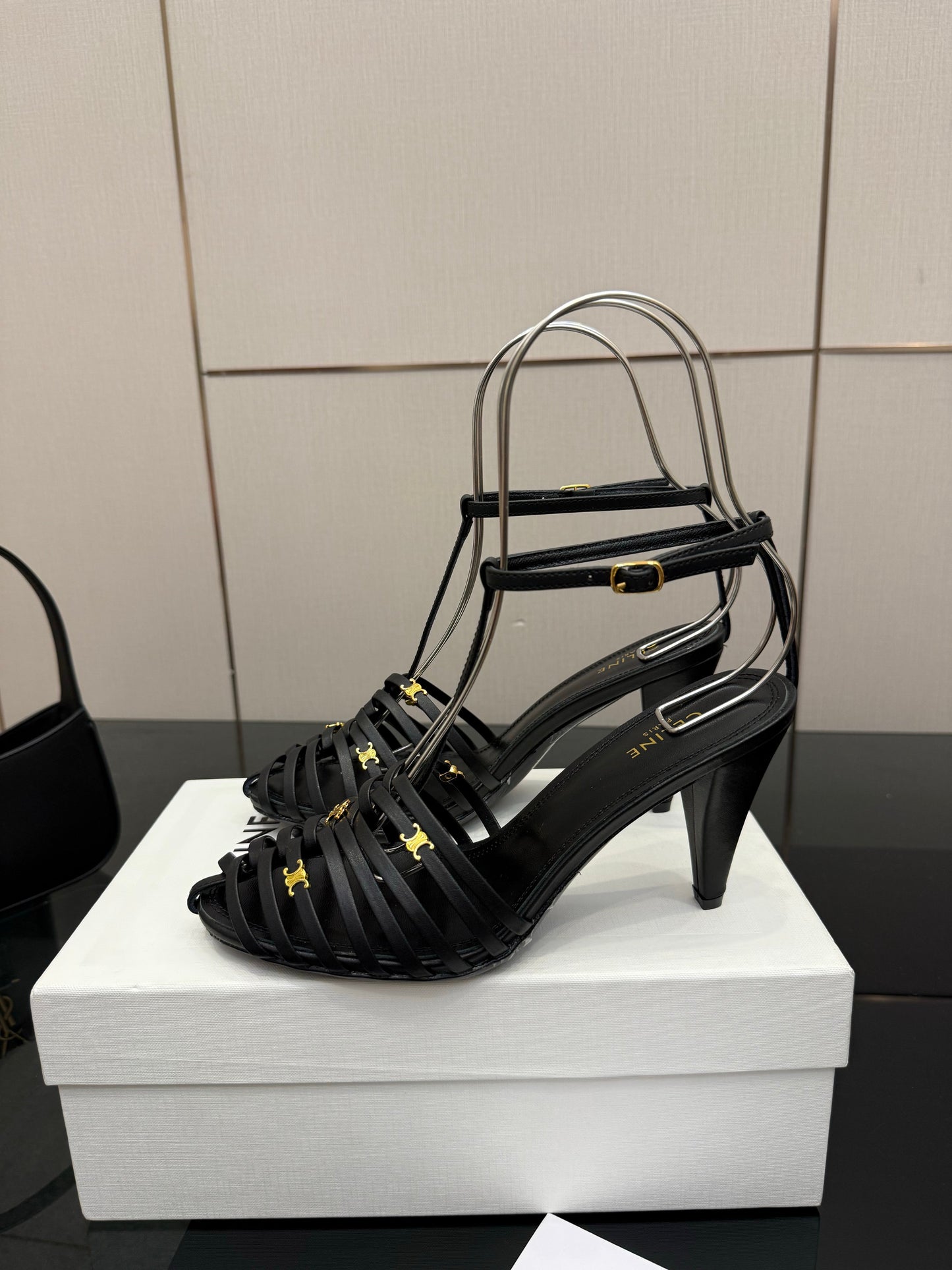 Celine Cage Heeled Sandal 9cm Black Calfskin 725650