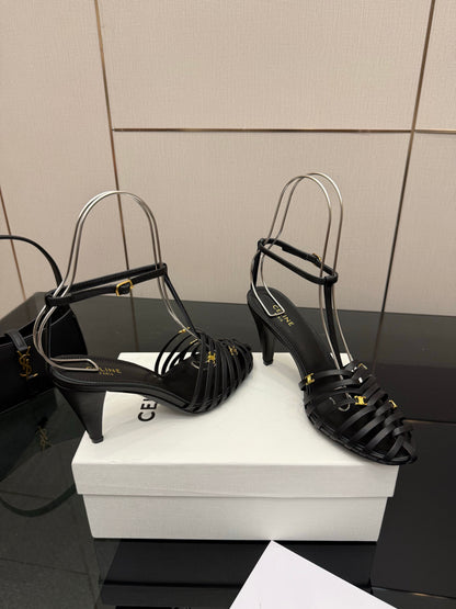 Celine Cage Heeled Sandal 9cm Black Calfskin 725650