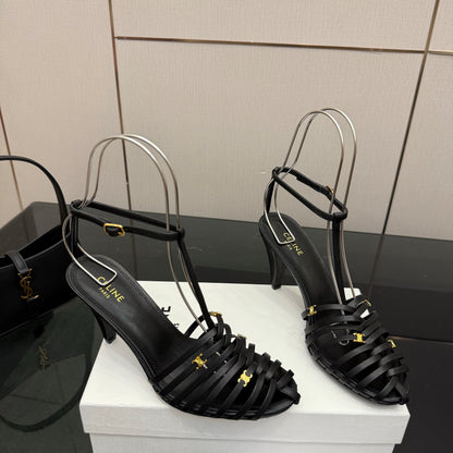 Celine Cage Heeled Sandal 9cm Black Calfskin 725650