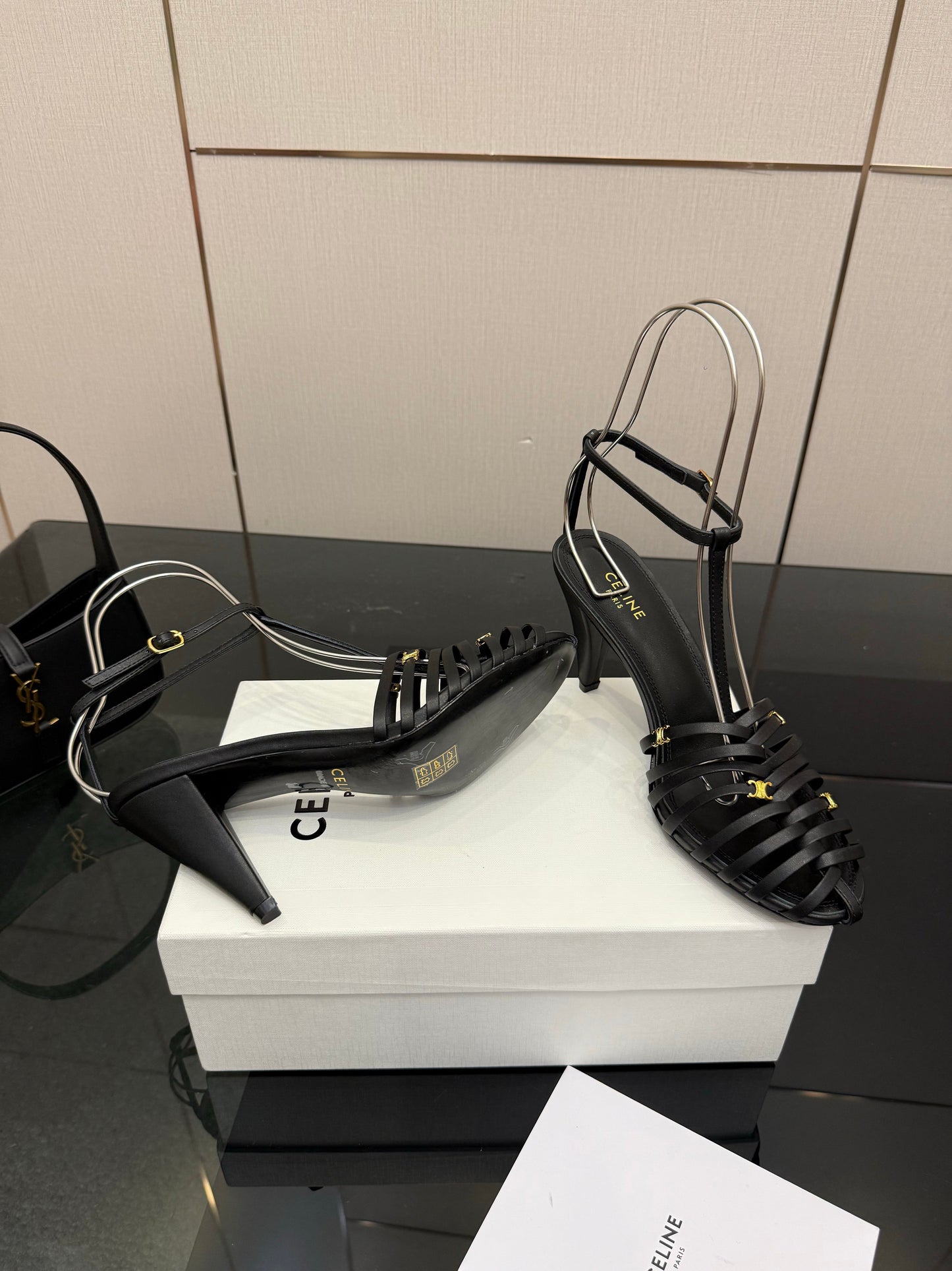 Celine Cage Heeled Sandal 9cm Black Calfskin 725650
