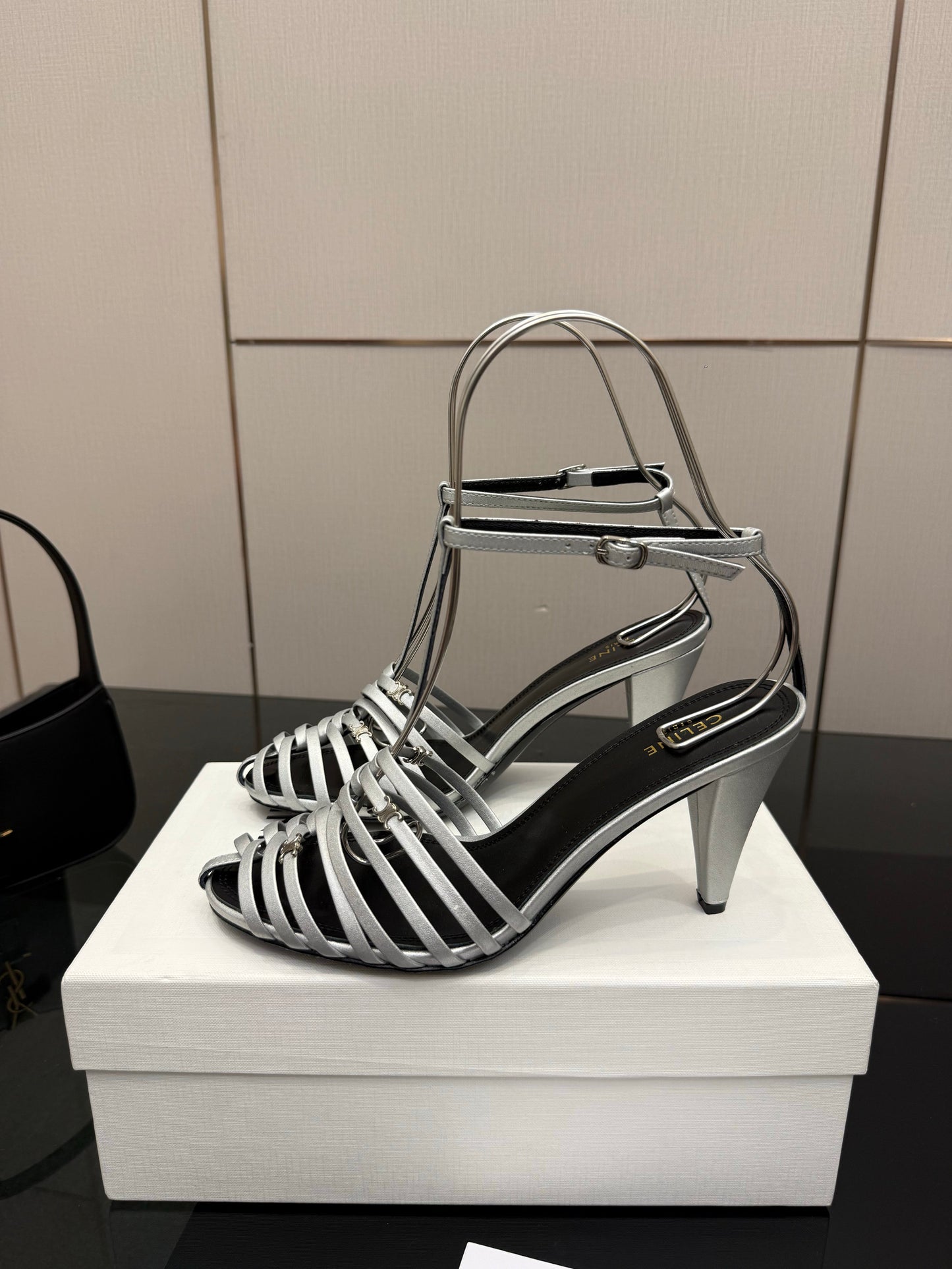Celine Cage Heeled Sandal 9cm Sliver Calfskin 725651