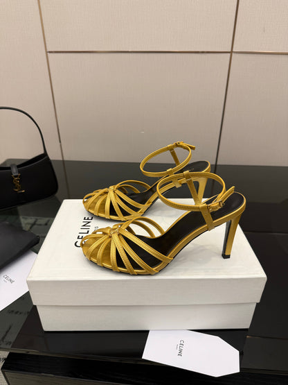 Celine 26s Sandal Triomphe 8.5cm Gold Lambskin 894268