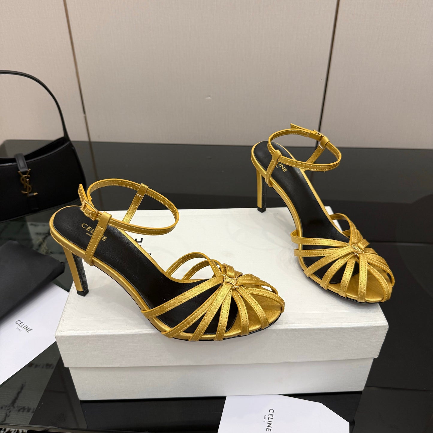 Celine 26s Sandal Triomphe 8.5cm Gold Lambskin 894268