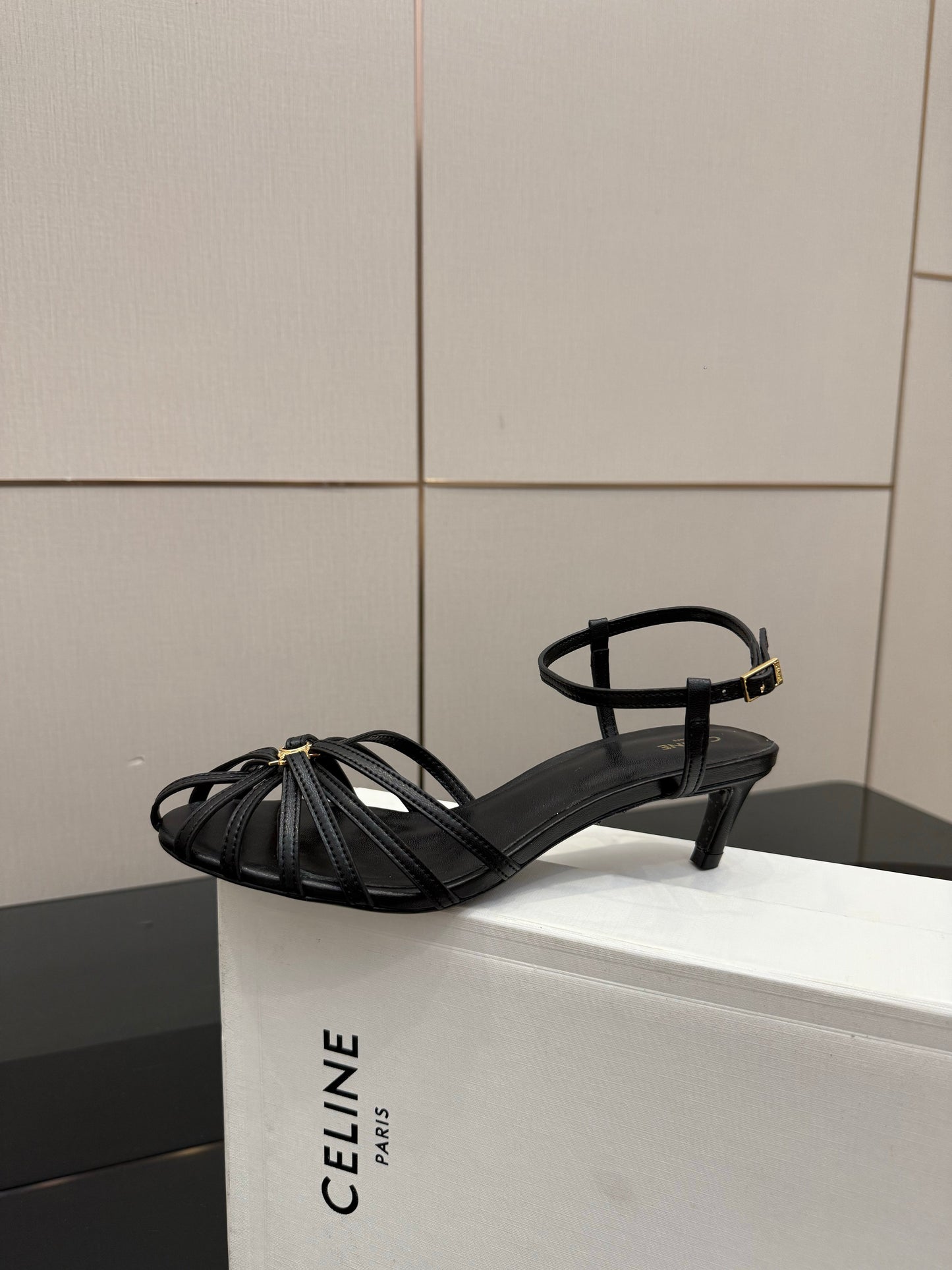 Celine 26s Sandal Triomphe 5cm Black Lambskin 894271
