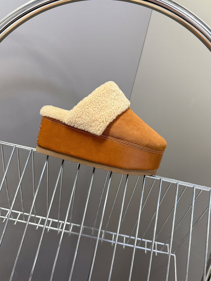 Celine 26s Wedge Mules In Orange Brown Suede And Beige Wool
