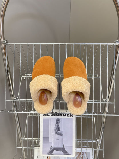 Celine 26s Wedge Mules In Orange Brown Suede And Beige Wool