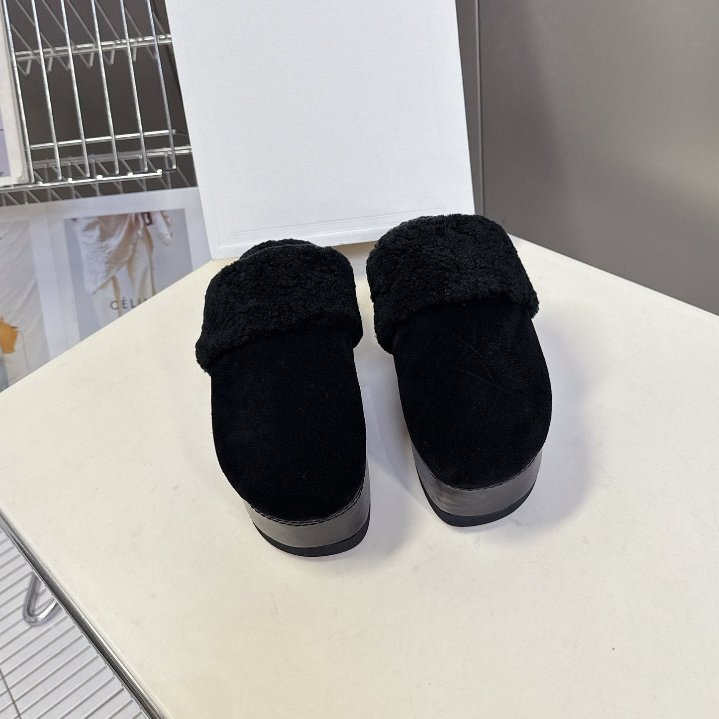 Celine 26s Wedge Mules In Black Suede And Wool