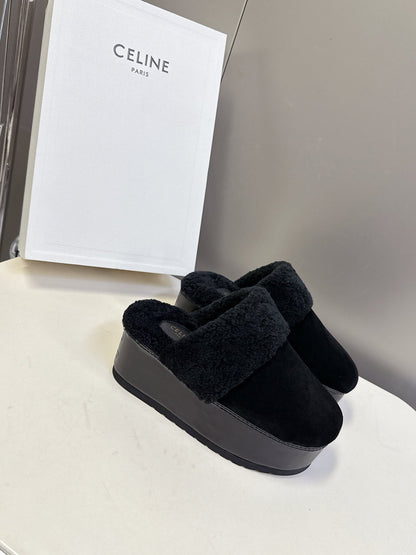 Celine 26s Wedge Mules In Black Suede And Wool