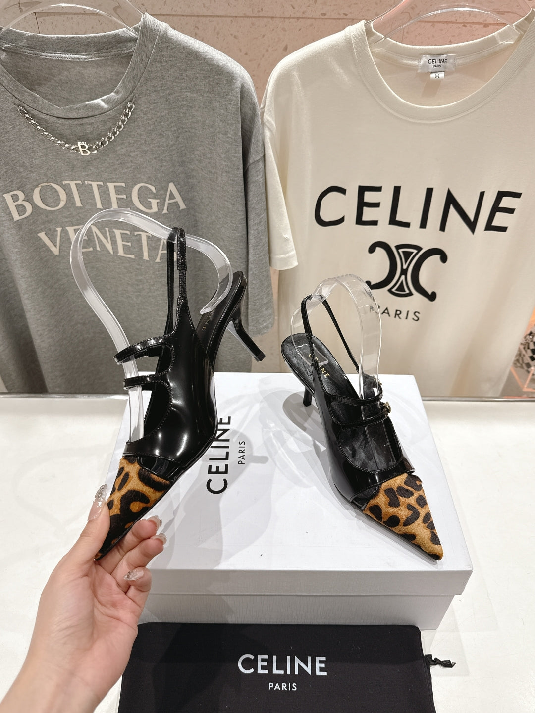 Celine 25C Judy Double Strap Mary Jane Slingback Black mix Brown Sheepskin 236777