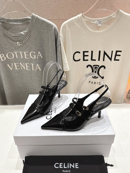 Celine 25C Judy Double Strap Mary Jane Slingback Black Sheepskin 236778