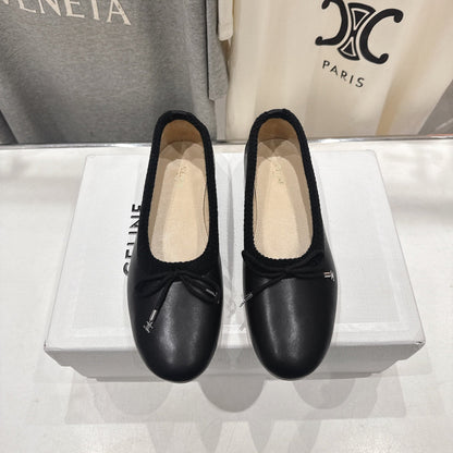 Celine 26s Ballet Flats In Black Calfskin With Bow