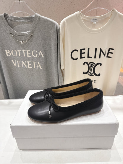 Celine 26s Ballet Flats In Black Calfskin With Bow