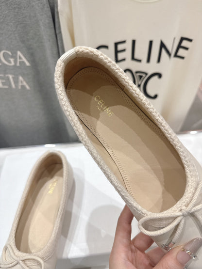 Celine 26s Ballet Flats In Cream White Calfskin With Bow