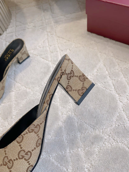 GG 26SS High-Heeled Sandals Beige Black Canvas Leather 644534