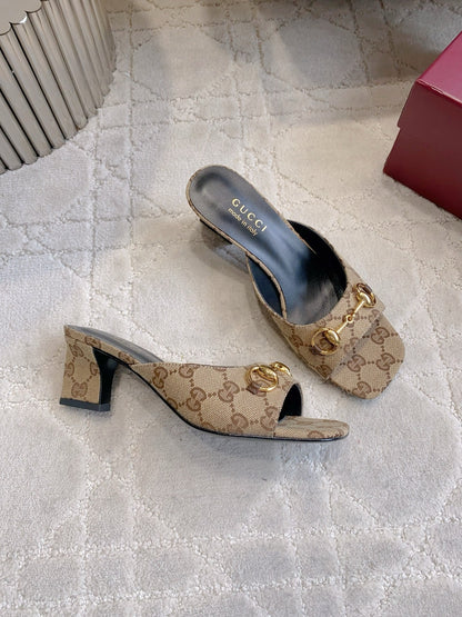 GG 26SS High-Heeled Sandals Beige Black Canvas Leather 644534