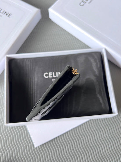 TRIOMPHE Zipped Card Holder Black Cowhide Leather