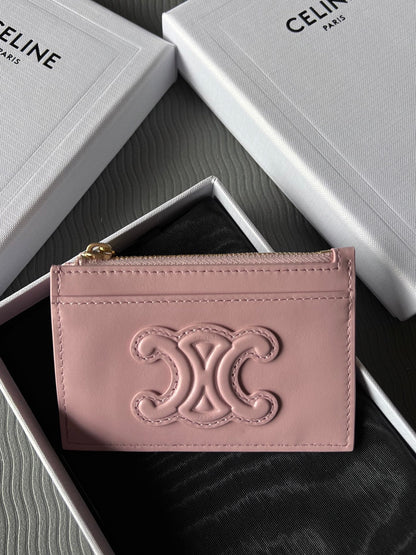 TRIOMPHE Zipped Card Holder Pink Cowhide Leather