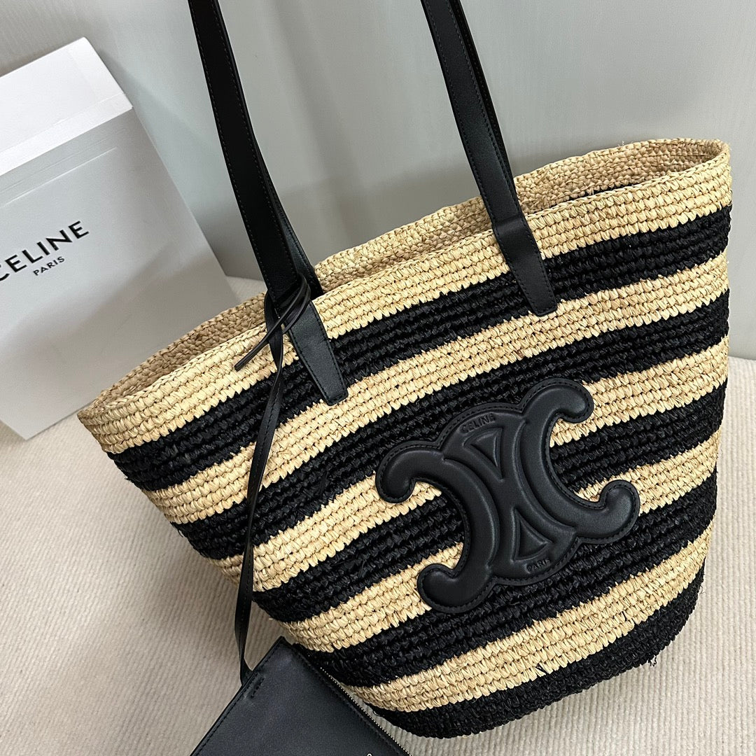 Celine Medium Supple Classic Panier 30cm Black Calfskin Beige Raffia