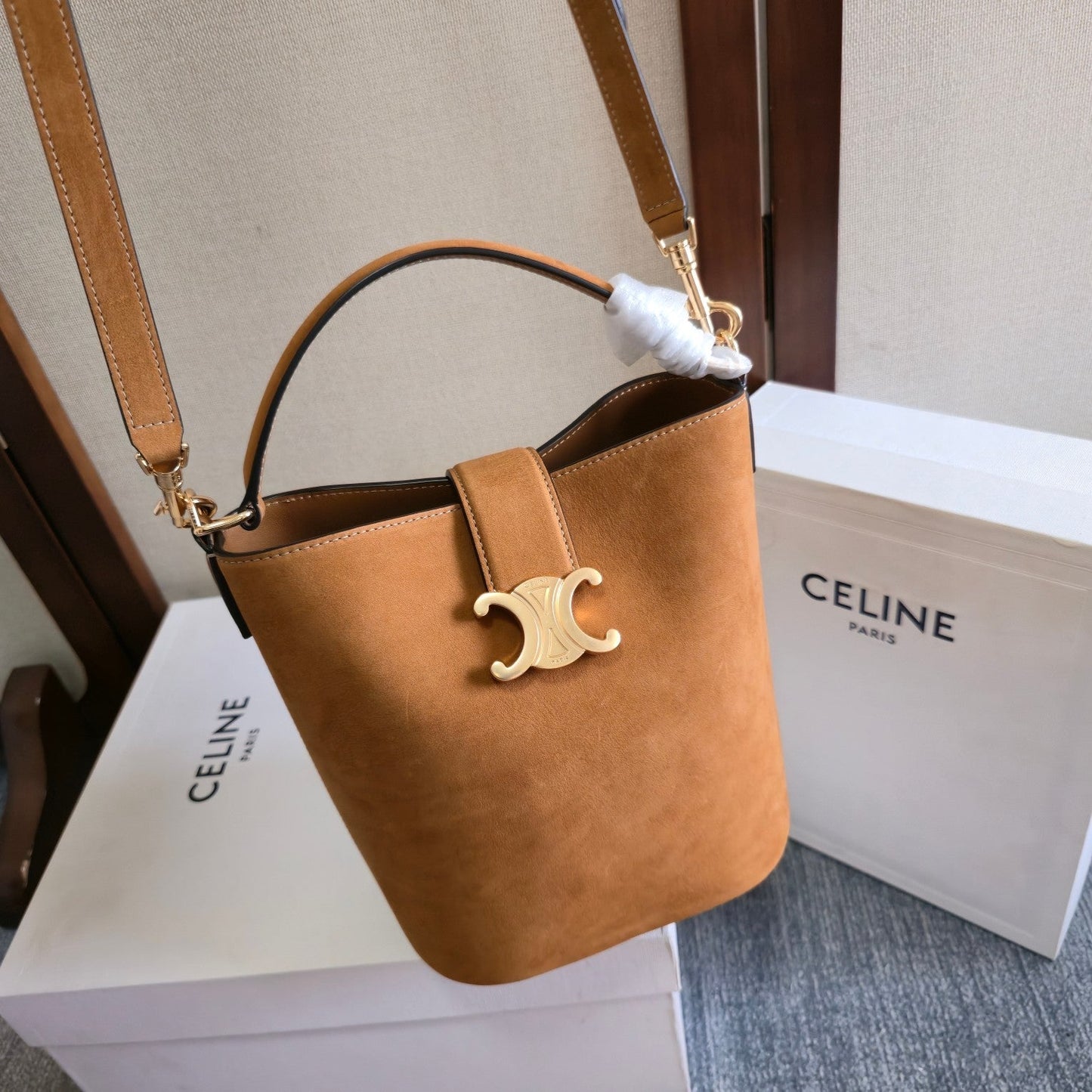 Celine Medium Bucket Louise Bag Camel Suede