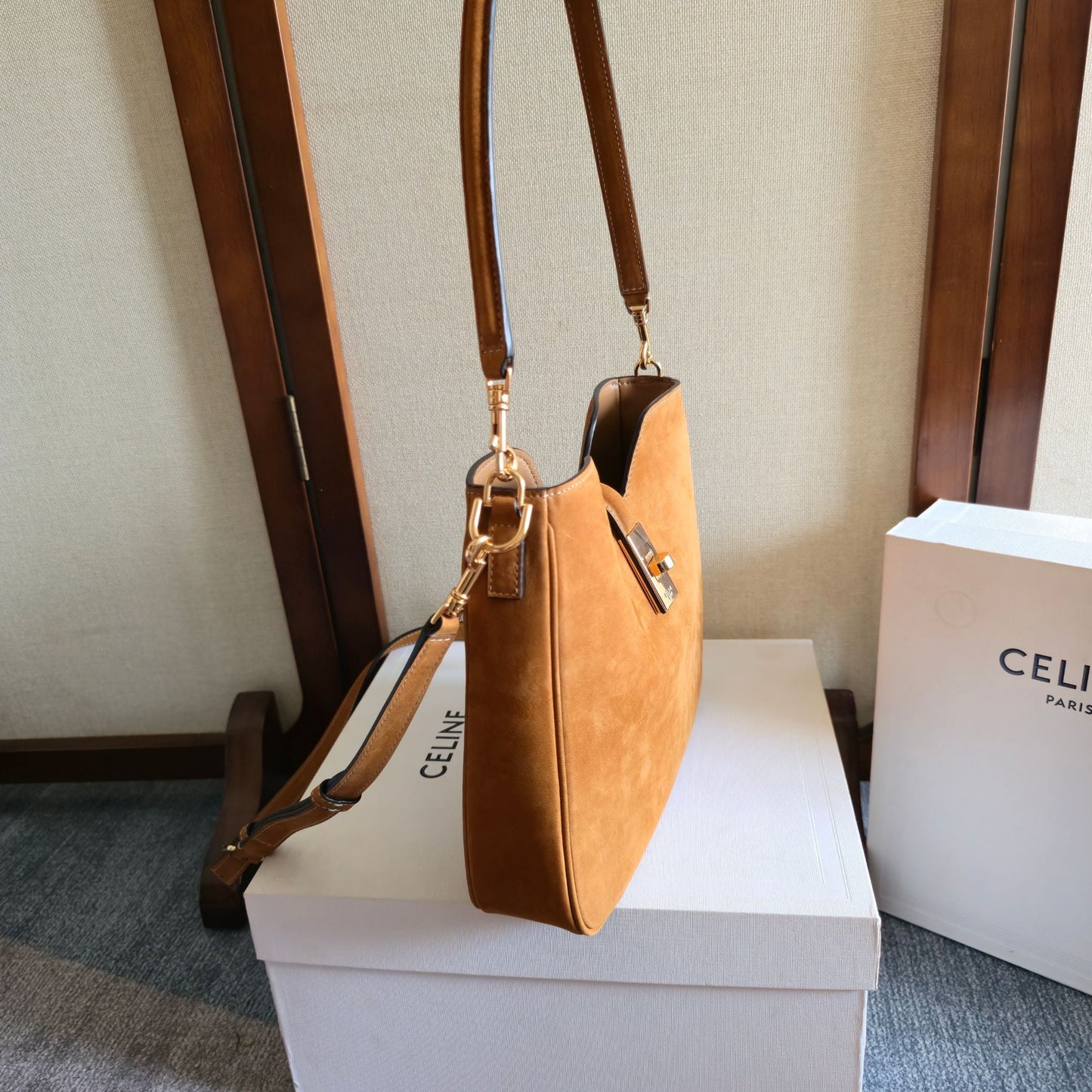 Celine Small Camille 16 Soft Bag Camel Nubuck Leather